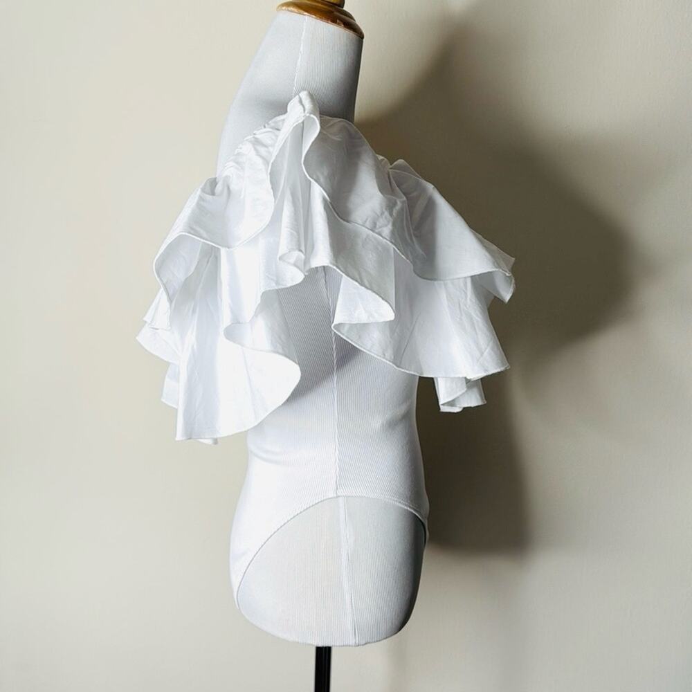 Zara White Oversize Ruffled Ribbed Bodysuit - Picture 7 of 8